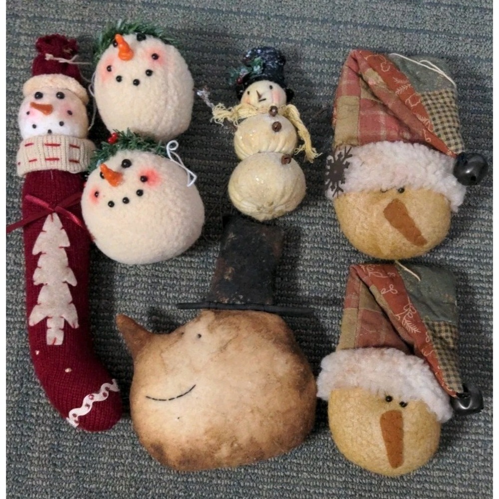 7 Folk Art Christmas Snowman Plush Ornament Lot Primitive Style